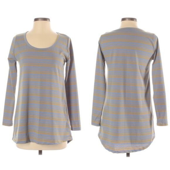 LuLaRoe Lynnae Tee Size XS Striped Long Sleeve Blue Yellow Curved Hem Scoop Neck - Picture 2 of 6
